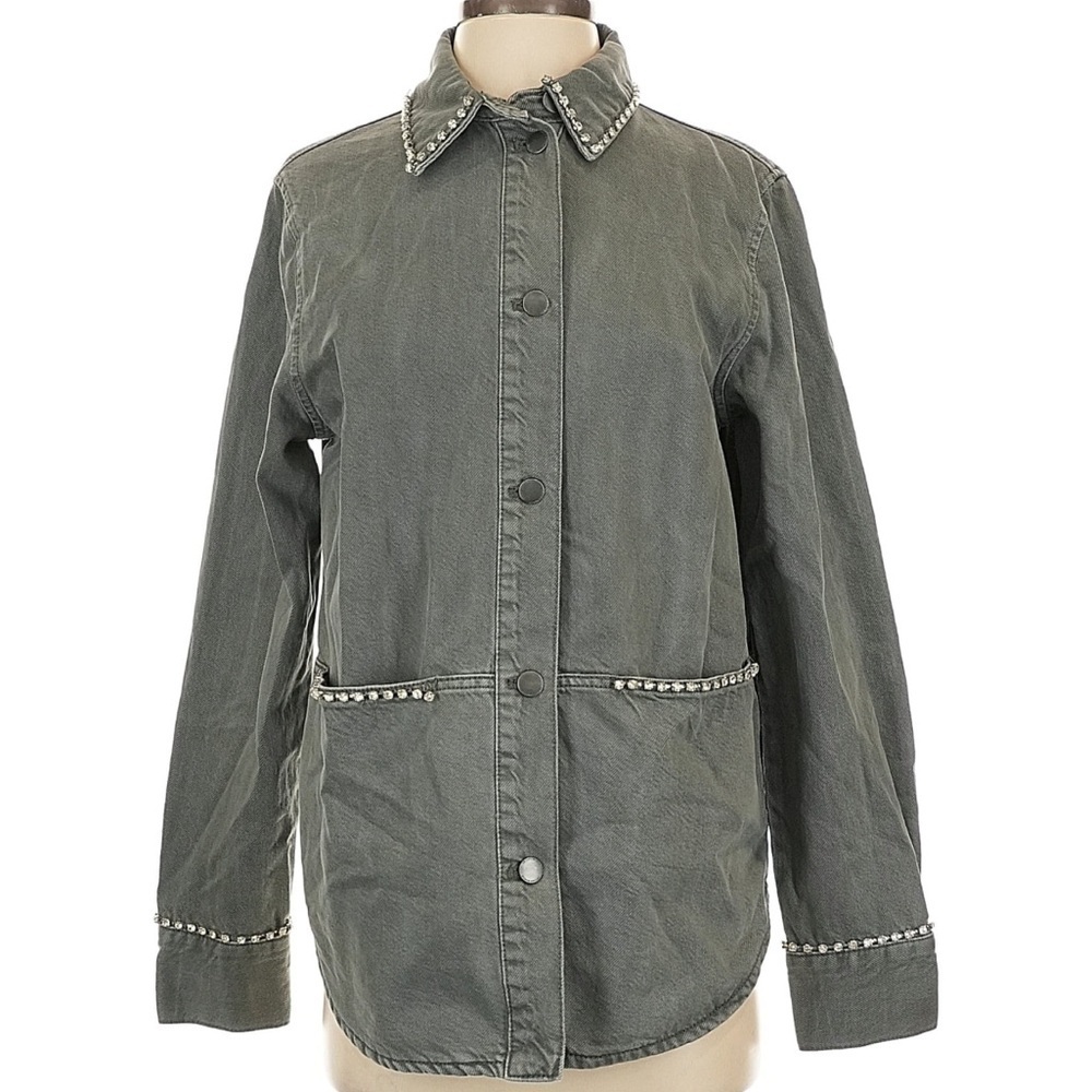 Zara Gray Denim Utility Jacket Studded Embellished Chore Jacket Crystal Detail - Picture 2 of 6